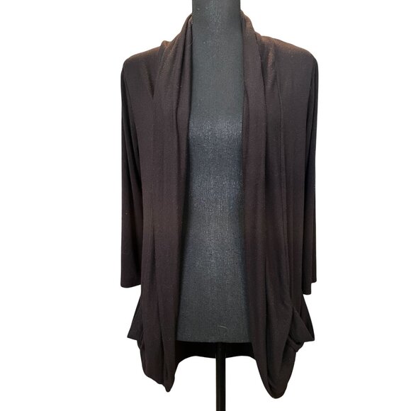 black open front draped lightweight cardigan pockets stretch 3/4 sleeve Medium - Picture 1 of 7